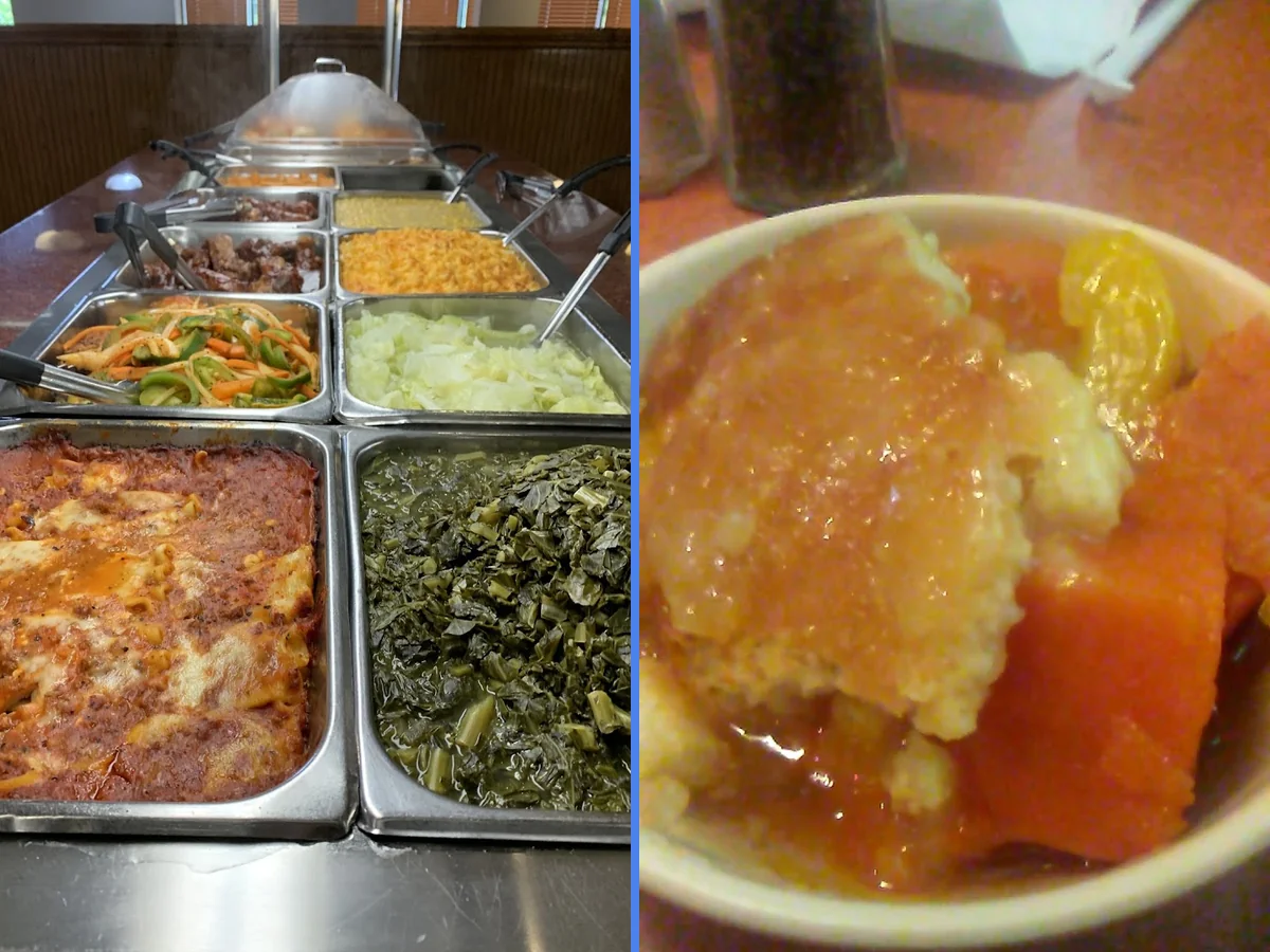 Buffet trays with fried chicken and mac & cheese.