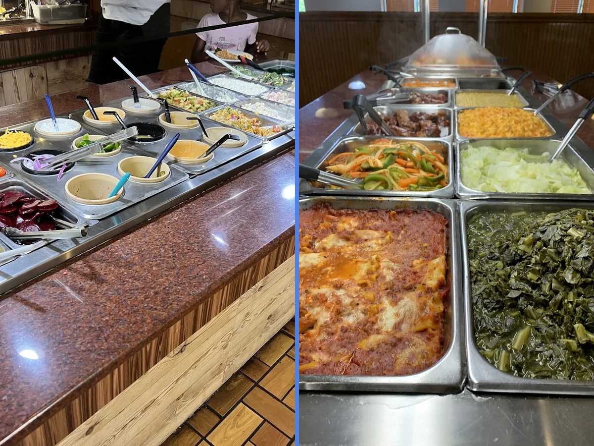 Dessert counter with ice cream and sweet toppings.